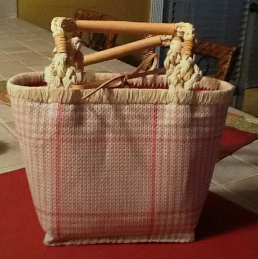 LAUREN Ralph Lauren Straw TWEED Rope/Genuine Leather Handles Should - Picture 8 of 8